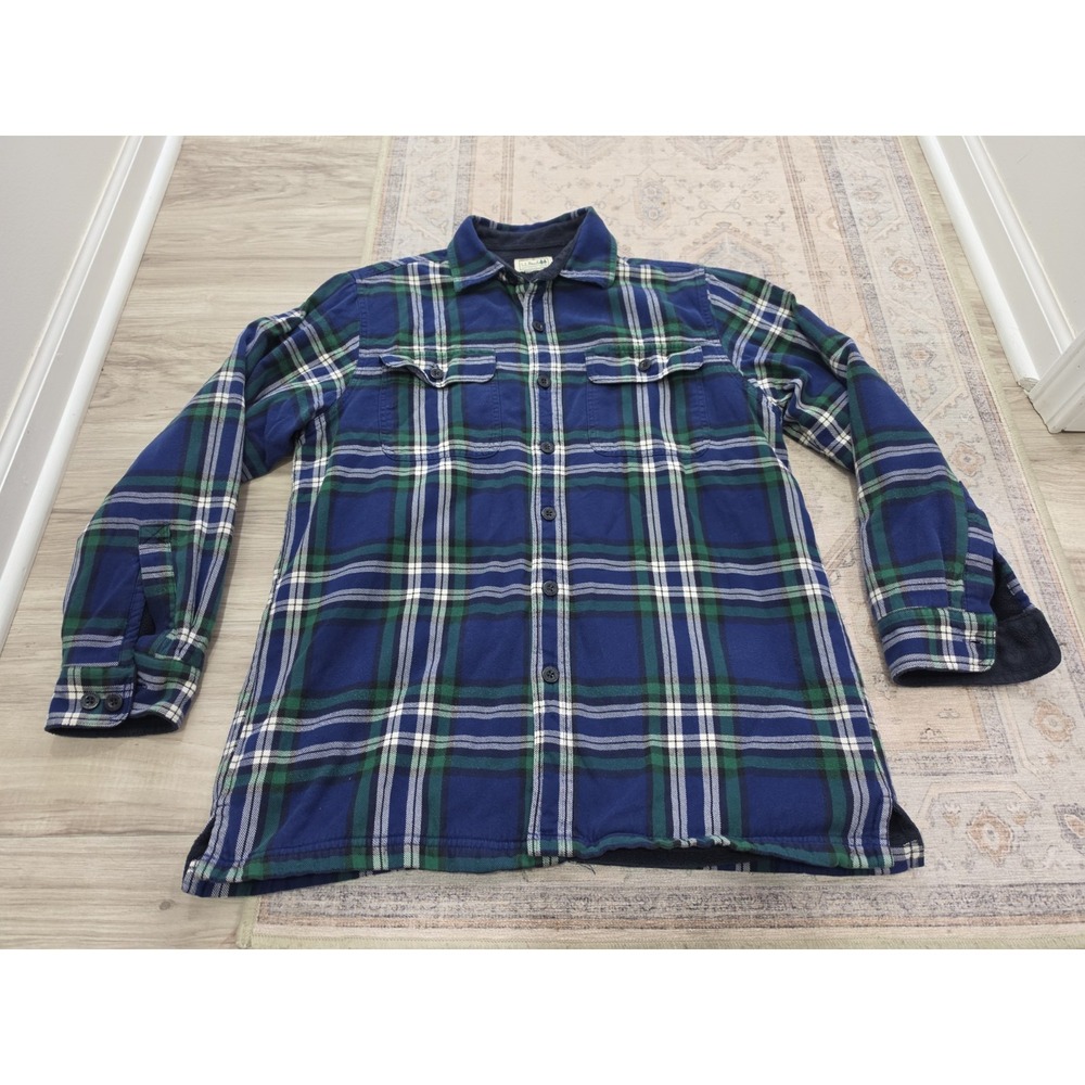 LL Bean Fleece Lined Flannel Button Shirt Plaid Mens Large BluePlaid Shacket